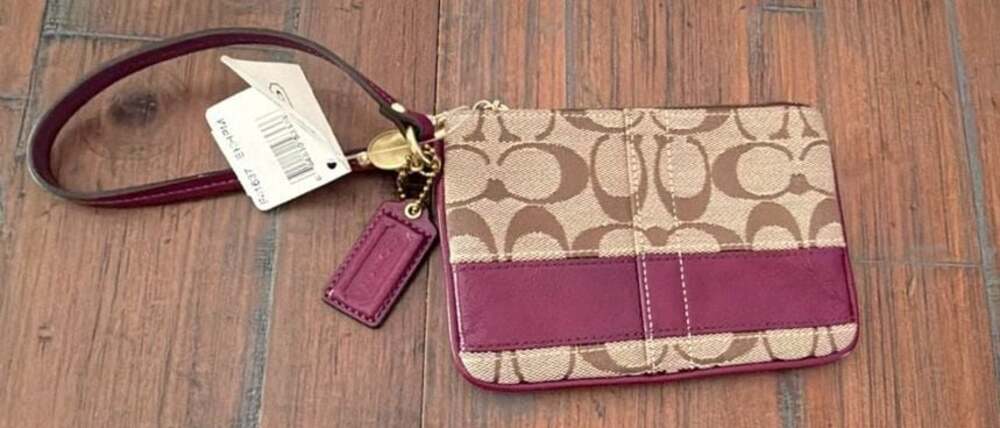 Coach Signature Stripe Wristlet Khaki and Berry